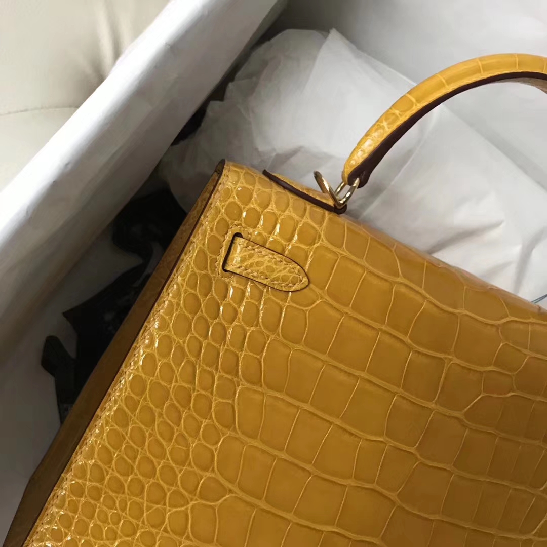 エルメスケリーバッグサイズエルメスケリー25CM9Dアンバーイエローシャイニークロコダイルレザーゴールドバックル