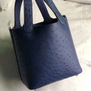 ピコタン展示|カスタムエルメスベジタブルバスケットバッグエルメスピコチン18CMサファイアブルーKKオーストリッチレザーバケットバッグシルバーバックル