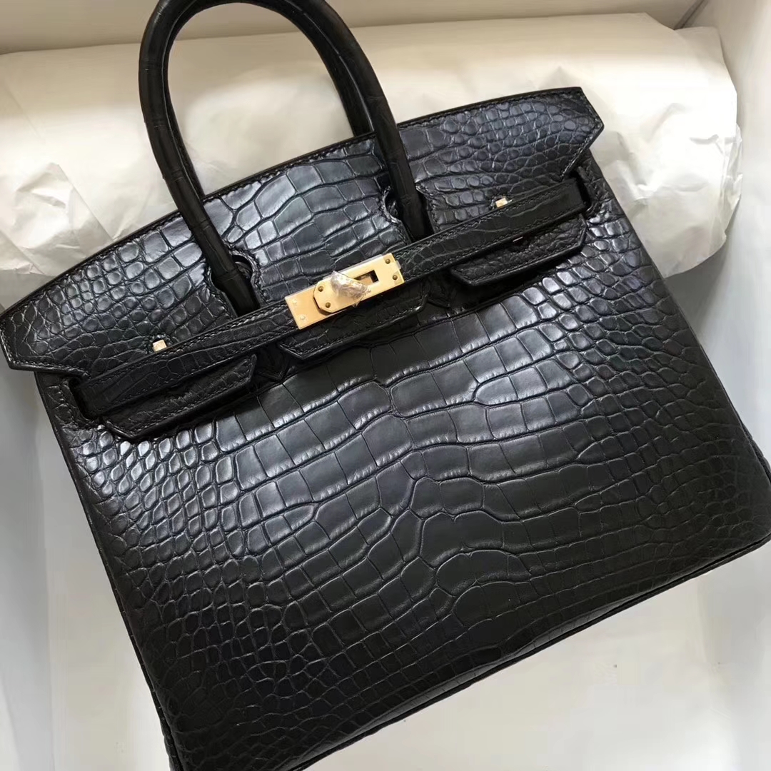 スポットエルメスバーキンバッグエルメスマットクロコダイルレザープラチナバッグBirkin25CMck89ブラックゴールドバックル