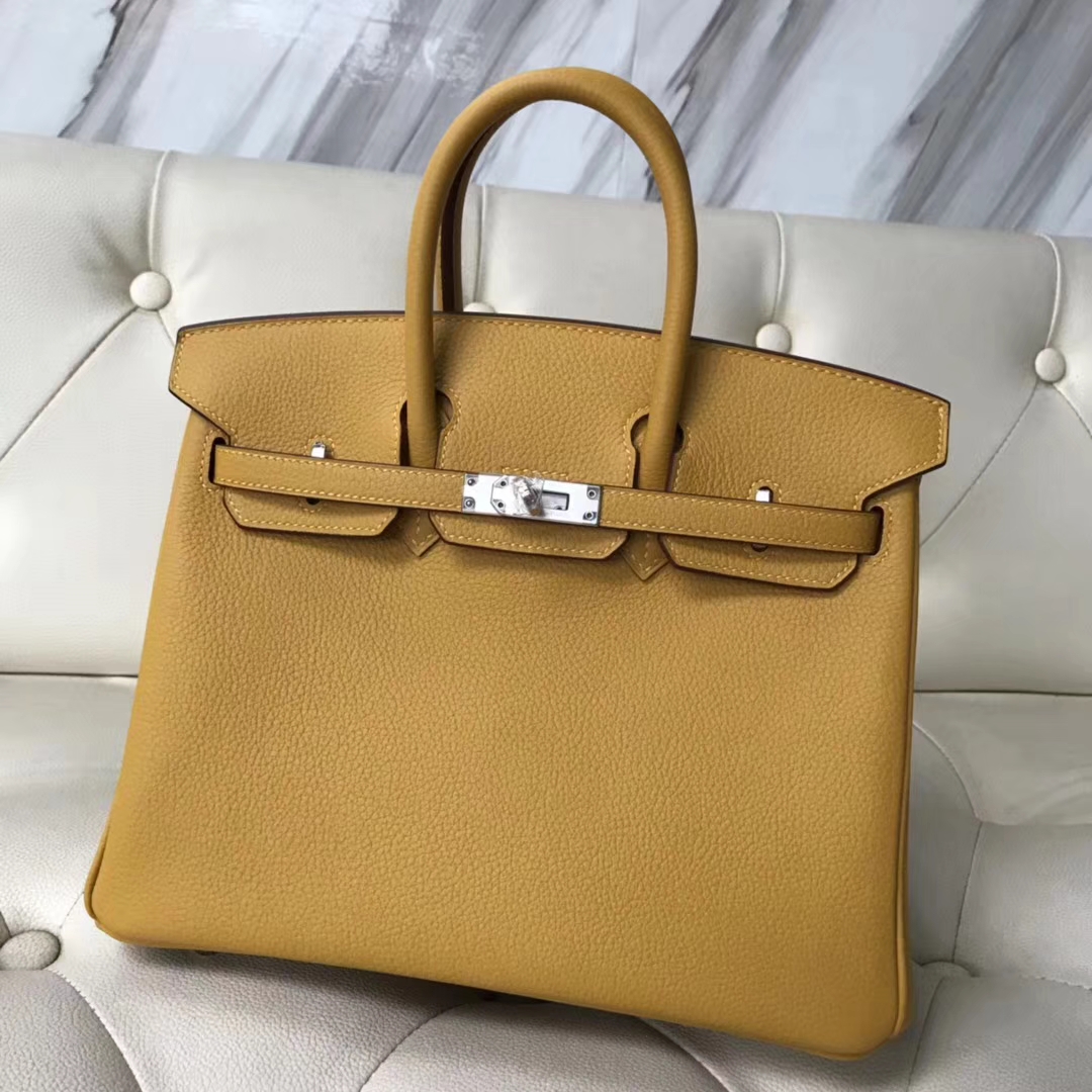 エルメスバーキンバッグエルメスオリジナルロイヤルカーフスキンプラチナバッグBirkin25CM9Dアンバーイエローシルバーバックル