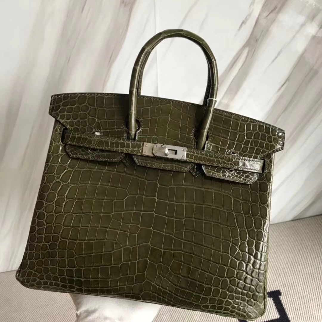 エルメスBirkin25CMエルメス輸入光沢クロコダイルレザープラチナバッグ6Hオリーブグリーンシルバーバックル