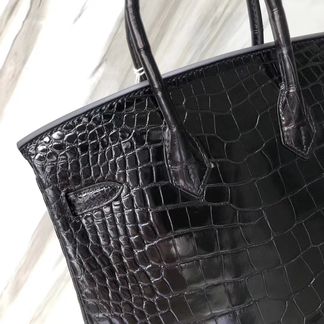 スポットエルメスバーキンレディースバッグエルメスシャイニークロコダイルレザープラチナバッグBirkin25CMck89ブラックゴールドバックル