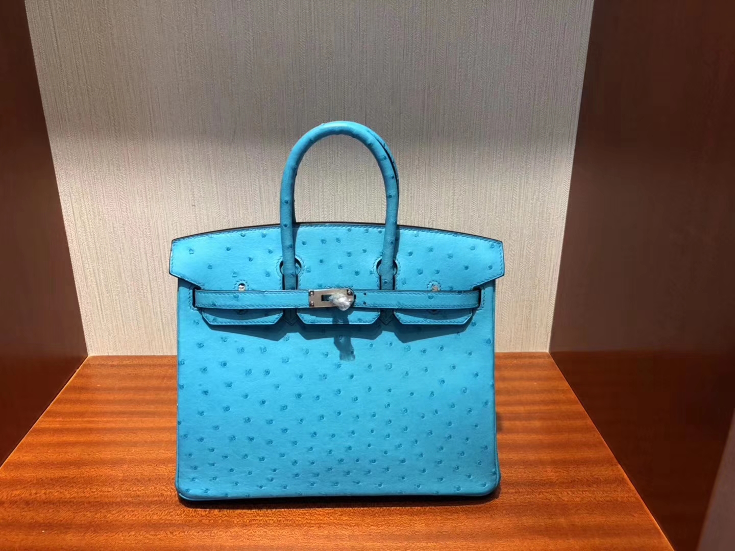 スポットエルメスバーキンレディースバッグエルメストップKKオーストリッチレザープラチナバッグBirkin25CM3Pマカロンブルーシルバーバックル