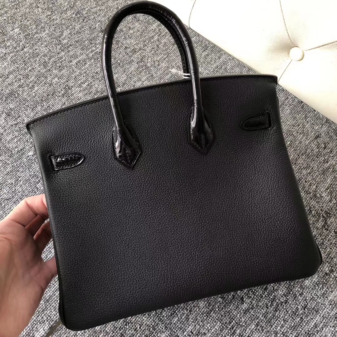 エルメスタッチシリーズプラチナバッグBirkin25CMck89ブラッククロコダイルレザーとトーゴレザーローズゴールドバックル