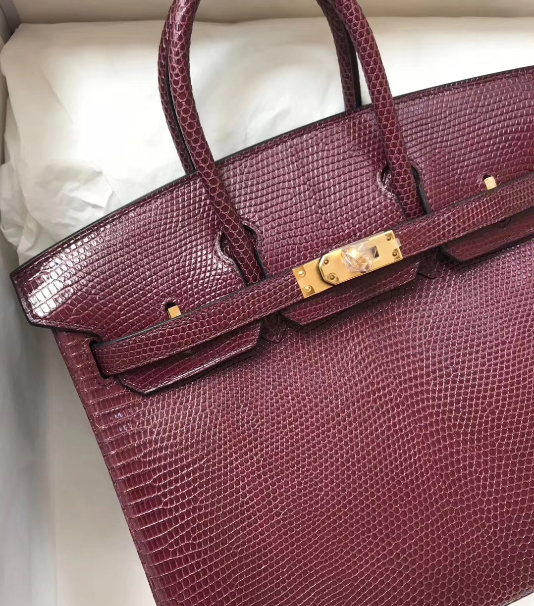 エルメスバーキンバッグエルメスシャイニートカゲスキンプラチナバッグBirkin25CMCK57ボルドーレッドゴールドバックル