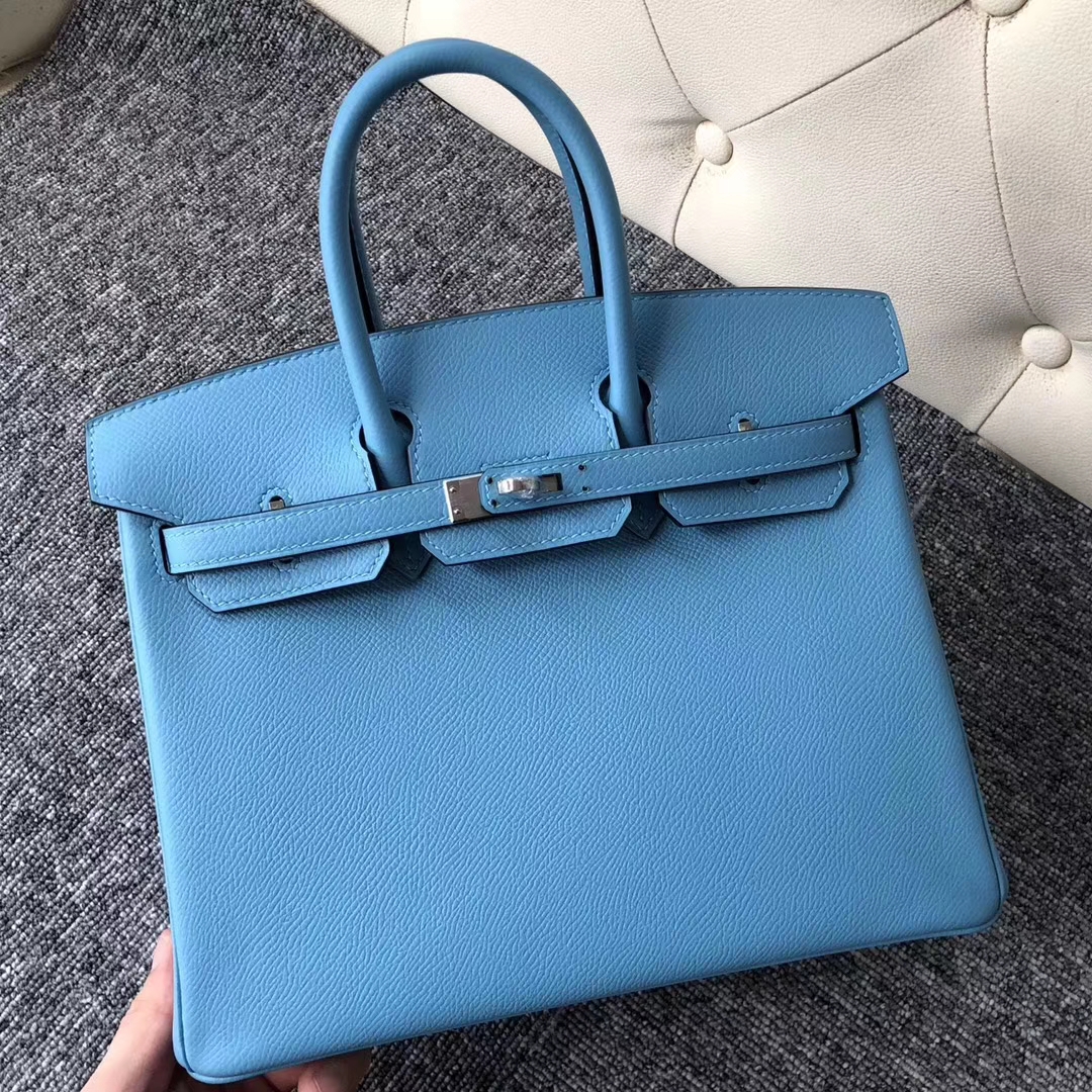 スポットエルメスバッグ卸売エルメスP3ノーザンブルーパームグレイン牛革プラチナバッグBirkin25CMシルバーバックル