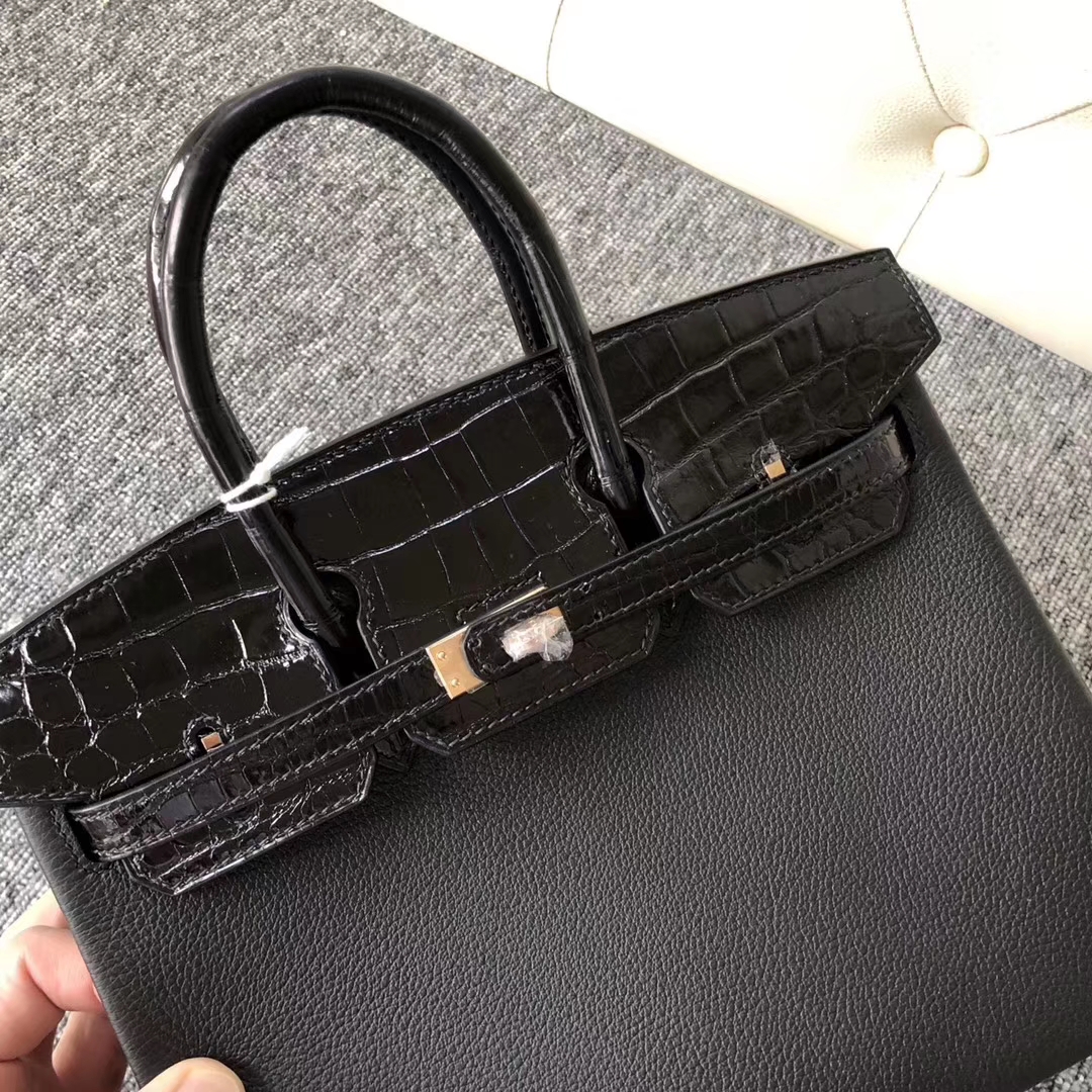 エルメスタッチシリーズプラチナバッグBirkin25CMck89ブラッククロコダイルレザーとトーゴレザーローズゴールドバックル