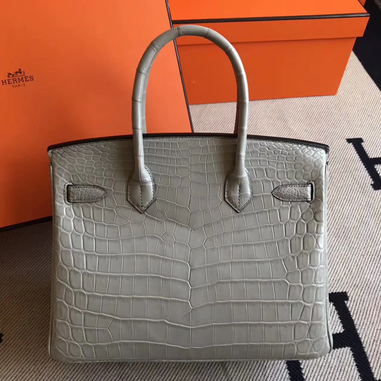 エルメスの新しいレディースバッグエルメスギャラクシーグレーマットクロコダイルレザーBirkin30プラチナバッグシルバーバックル