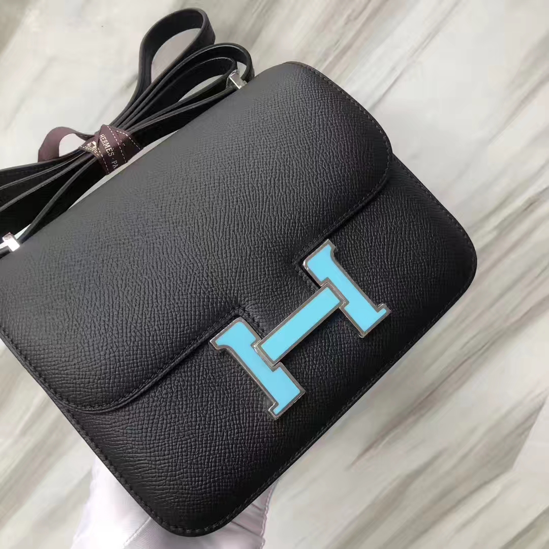 スポットエルメスコンスタンス18CMエルメススチュワーデスバッグCK89ブラックエプソムレザーマカロンエナメルバックル