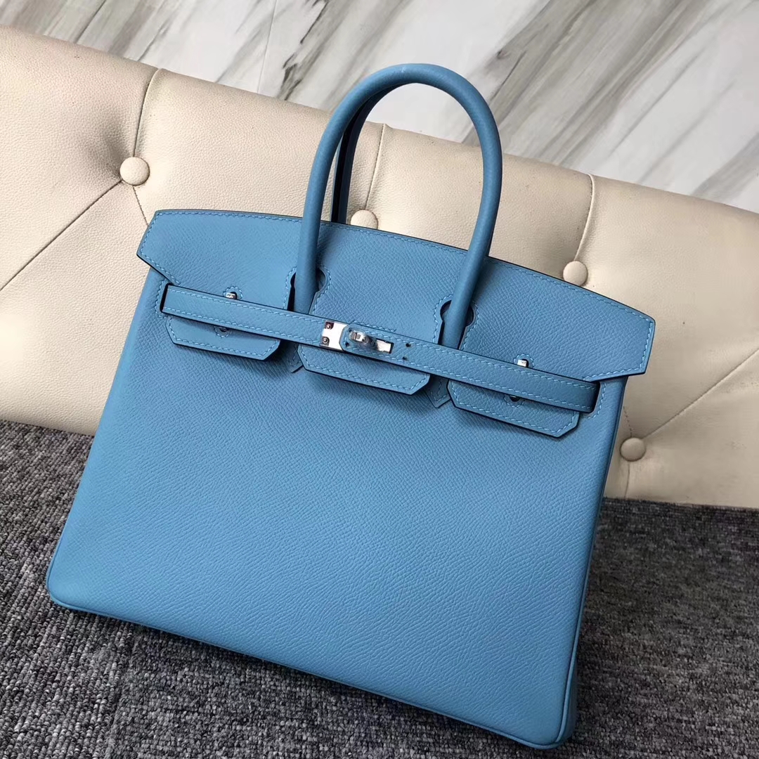 スポットエルメスバッグ卸売エルメスP3ノーザンブルーパームグレイン牛革プラチナバッグBirkin25CMシルバーバックル