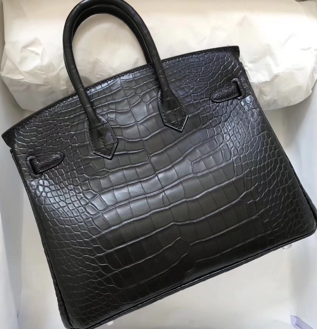 スポットエルメスBirkin25CMエルメスck89ブラックマットクロコダイルレザープラチナバッグシルバーバックル