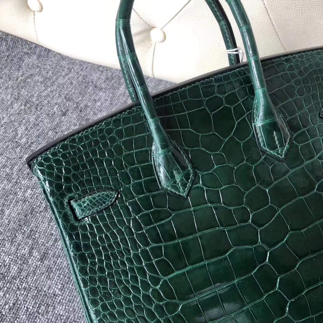 スポットエルメスバッグ公式サイトエルメスシャイニークロコダイルレザーBirkin25プラチナバッグCK67エメラルドシルバーバックル