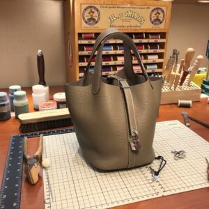 ピコタン展示|エルメスベジタブルバスケットバッグエルメスピコチン18/22cm8Cエレファントグレークレマンスレザーバケットバッグシルバーバックル