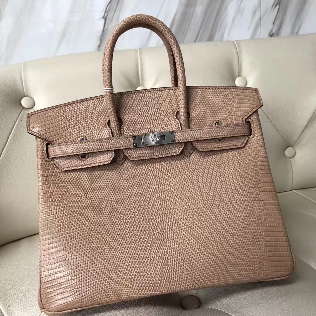 エルメスバーキンバッグエルメス輸入光沢リザードスキンプラチナバッグBirkin25CMCC24ミルクティーシルバーバックル