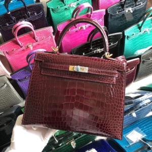 ケリー展示|エルメスケリーバッグエルメス光沢のあるクロコダイルスキンKelly25CMCK57ボルドーレッドゴールドバックル