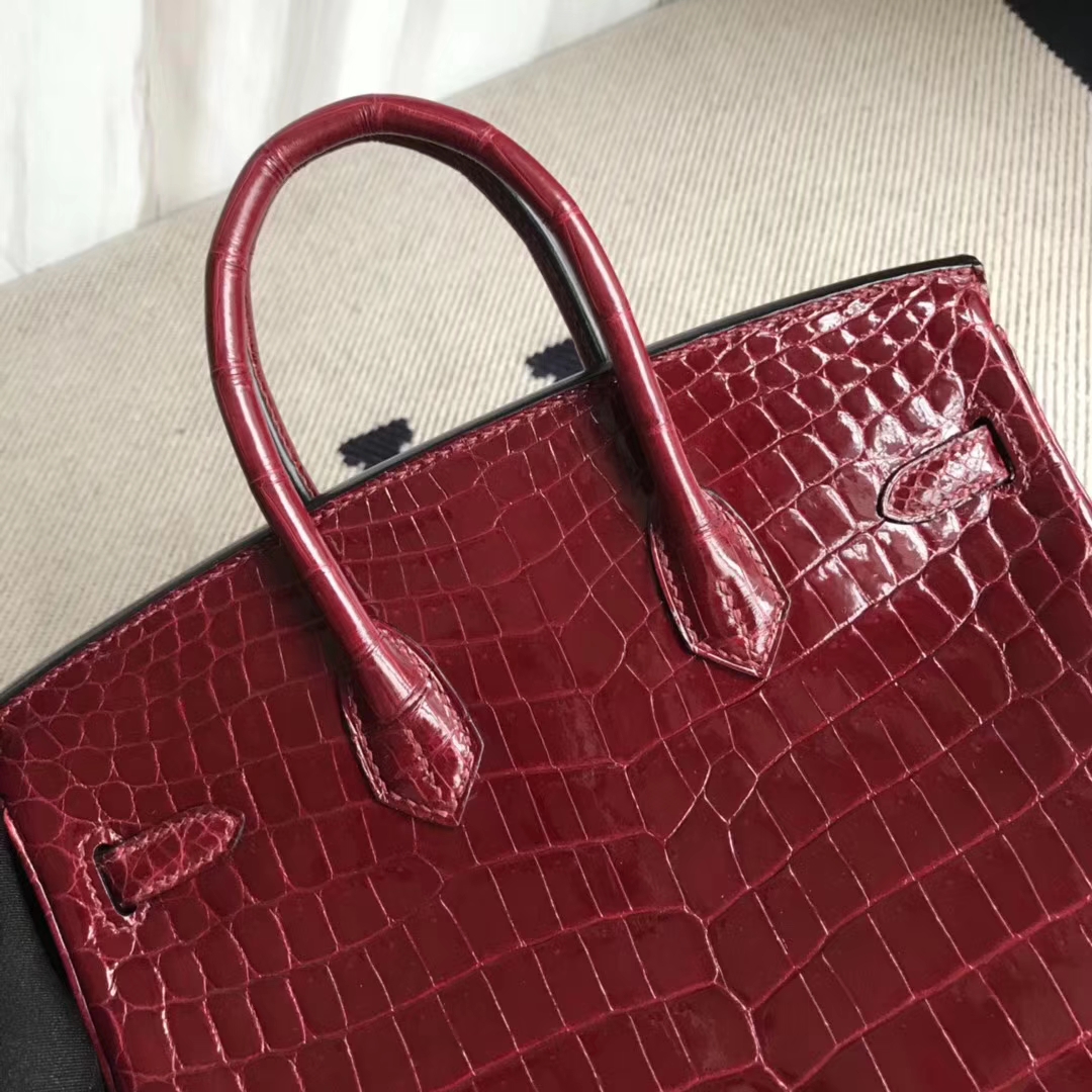 エルメスバーキンバッグエルメスシャイニークロコダイルレザープラチナバッグBirkin25CMF5ブルゴーニュワインレッドゴールドバックル