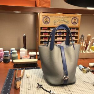 ピコタン展示｜エルメスピコチン18/22cmエルメスバケットバッグクレマンスレザー4ZシーガルグレーR2瑪瑙ブルー