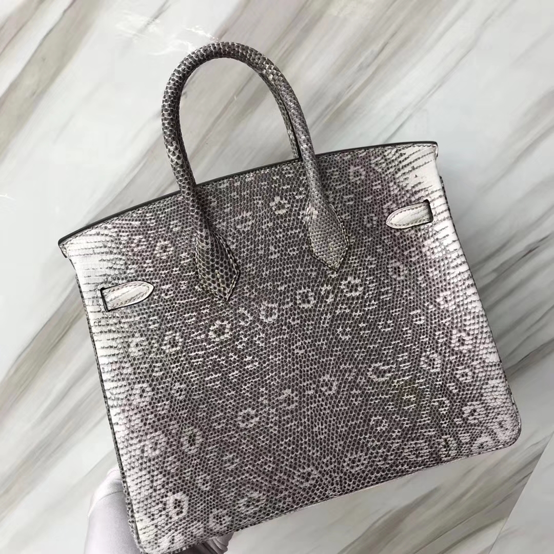 エルメスバッグカスタムエルメスリザードスキンプラチナバッグBirkin25CM01プライマリーカラーインポートされた光沢のあるリザードスキンシルバーバックル