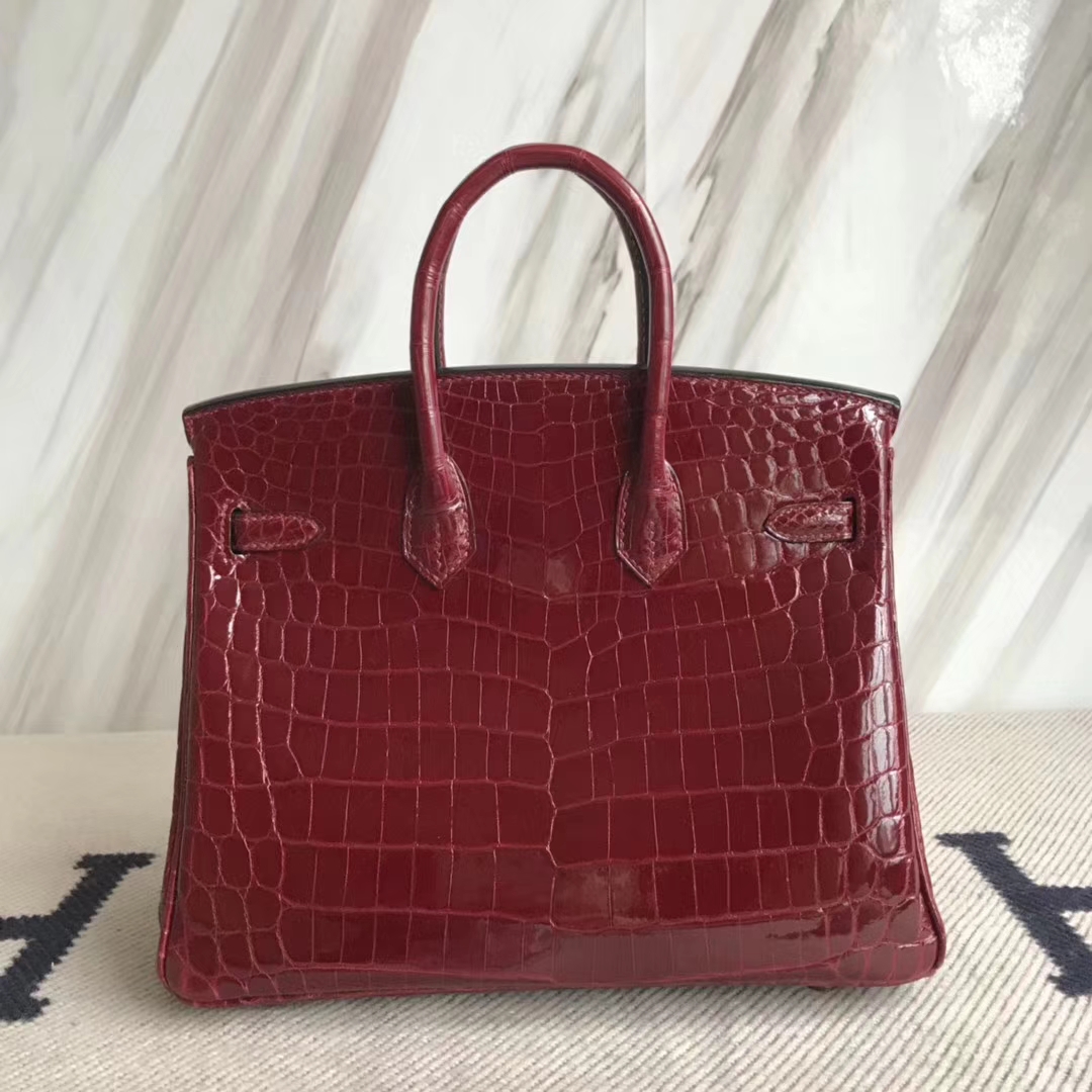 エルメスバーキンバッグエルメスシャイニークロコダイルレザープラチナバッグBirkin25CMF5ブルゴーニュワインレッドゴールドバックル