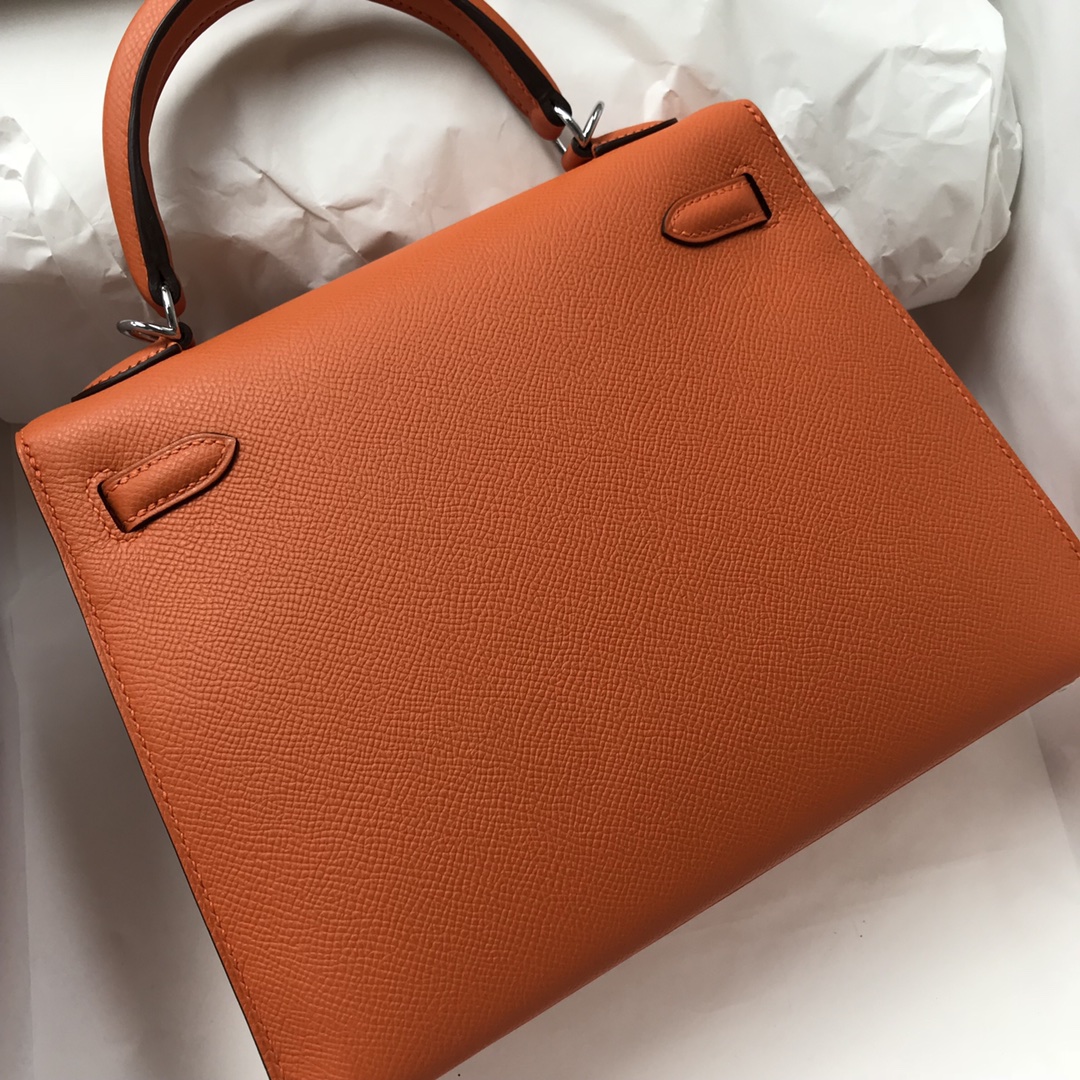 スポットエルメスケリーバッグサイズエルメスオリジナルエプソムレザーKelly25CM93オレンジシルバーバックル