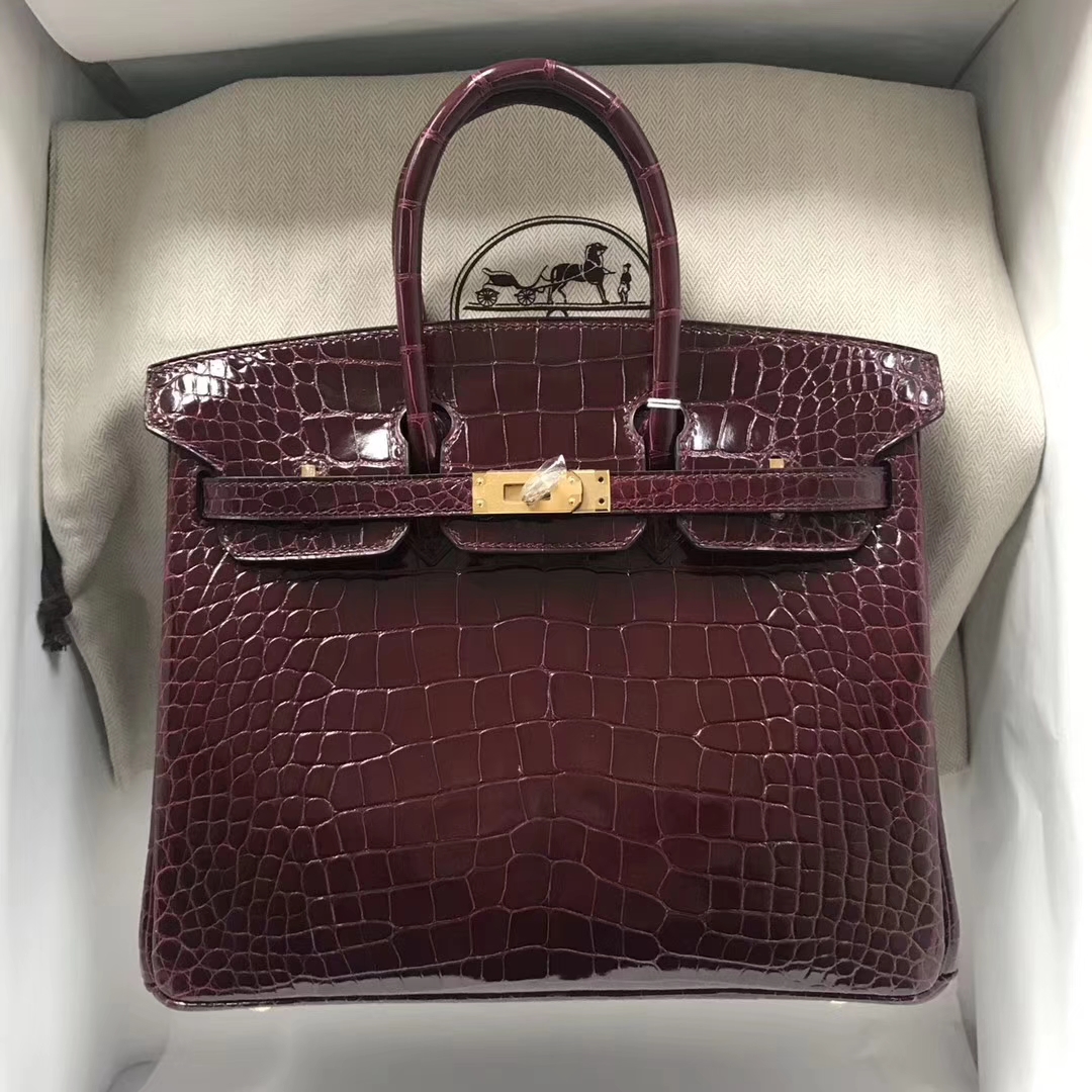 スポットエルメスバッグソースエルメスクロコダイルレザープラチナバッグBirkin25CMCK57ボルドーレッドゴールド/シルバーバックル