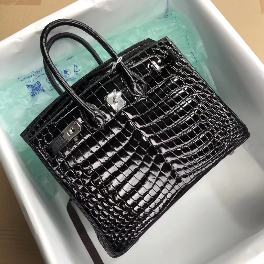 スポットエルメスプラチナバッグクロコダイルスキンエルメスシャイニーアーチビーズクロコダイルスキンBirkin25CMCK89ブラックシルバーバックル