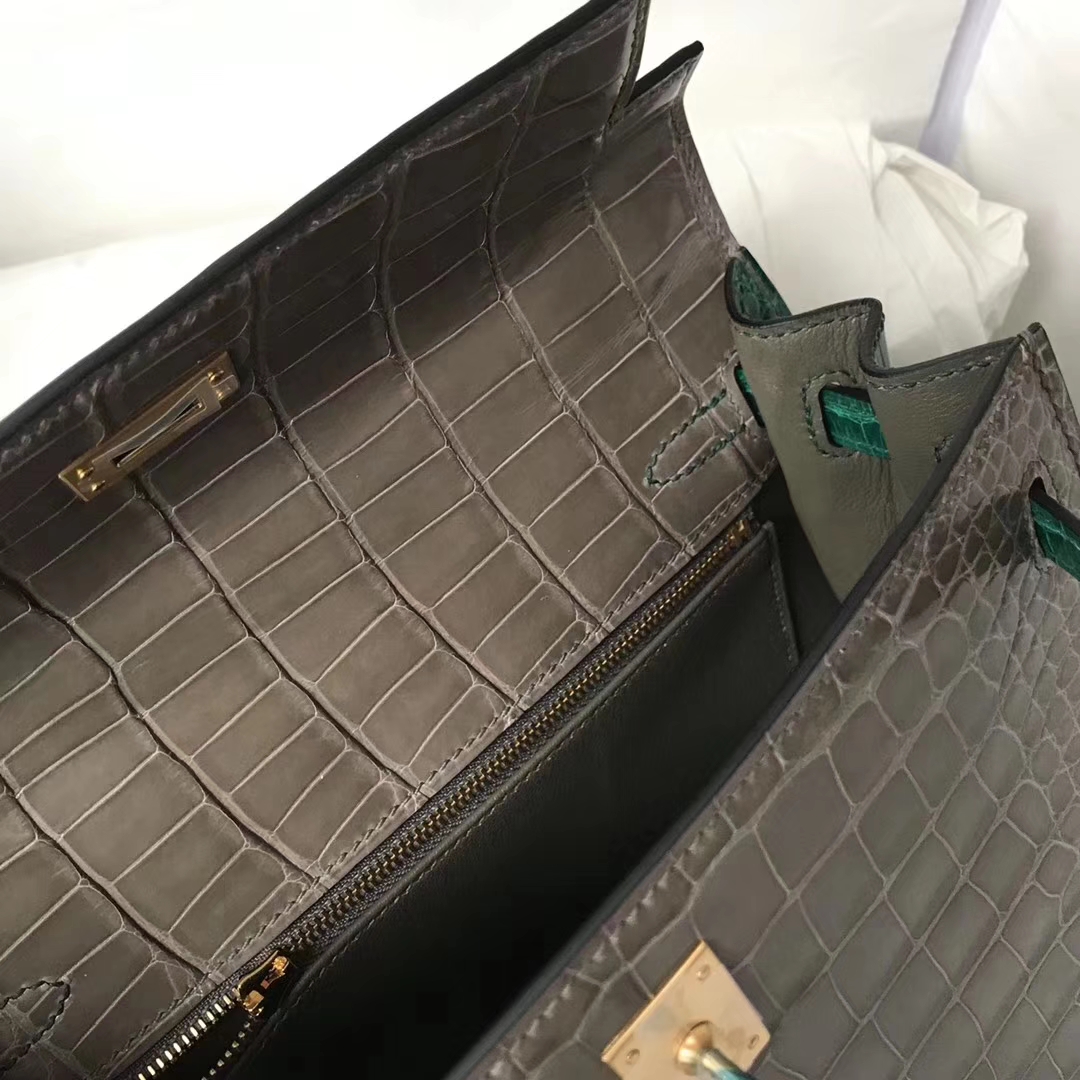 エルメスカラーブロッキングケリーバッグエルメスケリー25CMCK81タートルドーブグレー/6Qエメラルドグリーン光沢のあるクロコダイルレザーゴールドバックル