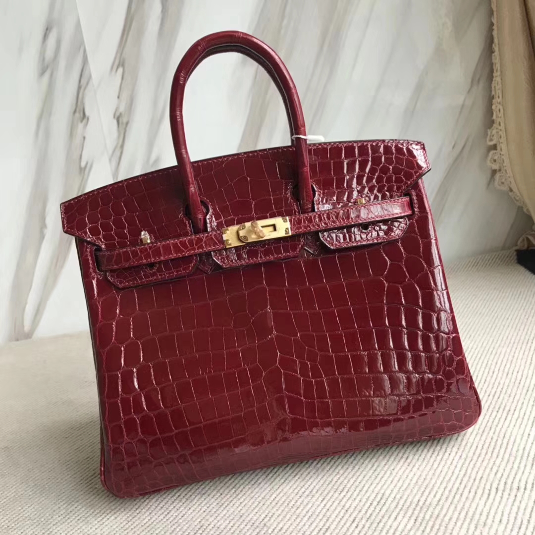 エルメスバーキンバッグエルメスシャイニークロコダイルレザープラチナバッグBirkin25CMF5ブルゴーニュワインレッドゴールドバックル