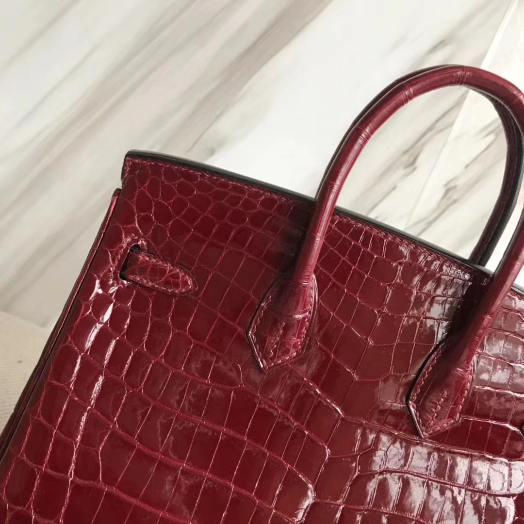 エルメスバーキンバッグエルメスシャイニークロコダイルレザープラチナバッグBirkin25CMF5ブルゴーニュワインレッドゴールドバックル