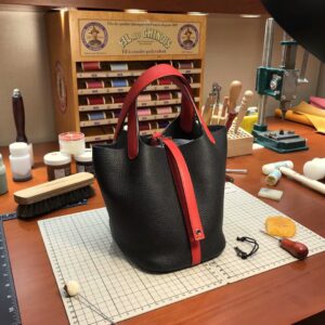 ピコタン展示|エルメスピコチン18/22cmエルメス89ブラックと54ビッグレッドベジタブルバスケットバッグクレマンスレザーシルバーバックル