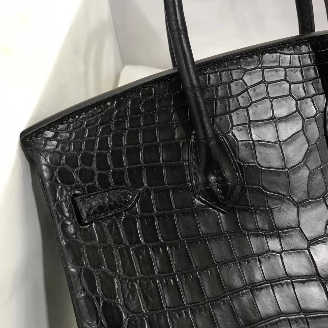 エルメスバーキンバッグエルメスブラックマットクロコダイルレザープラチナバッグBirkin25CMシルバーバックル