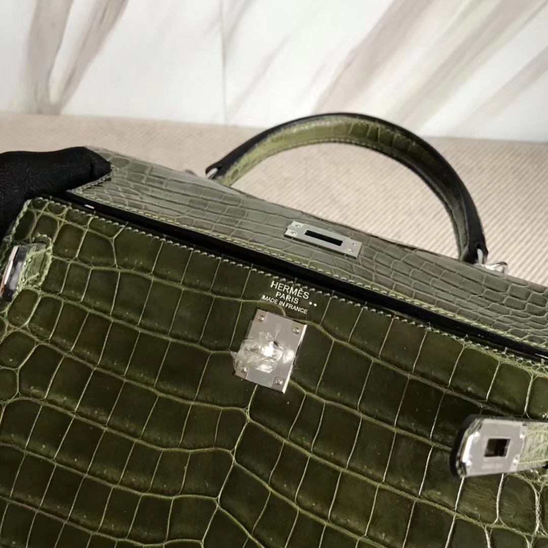 スポットエルメスバッグ価格エルメス光沢のあるクロコダイルスキンケリーバッグKelly25CM6Hオリーブグリーンシルバーバックル