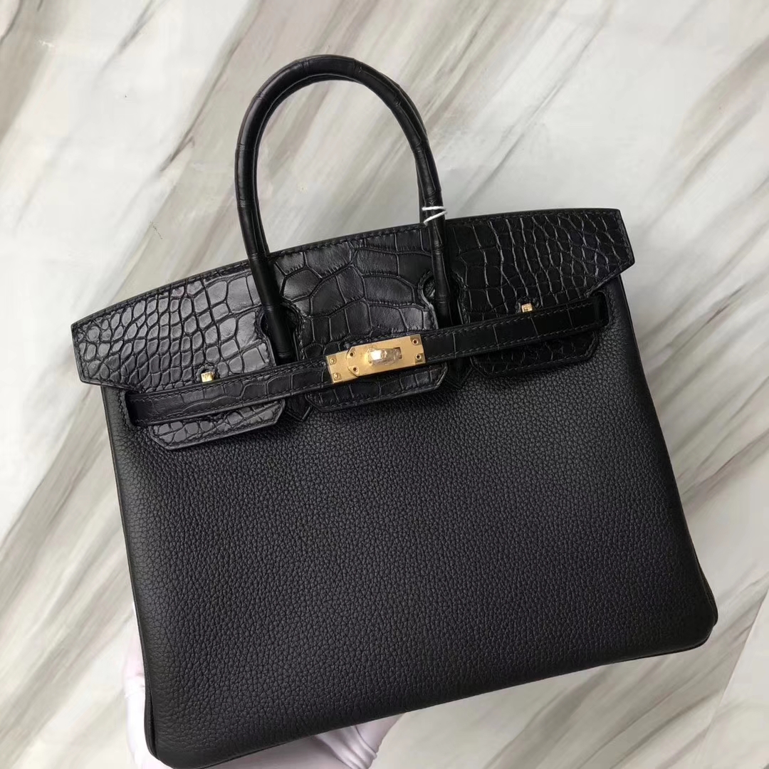 スポットエルメスタッチシリーズプラチナバッグエルメスブラックレザーステッチクロコダイルレザーBirkin25CMローズゴールドバックル