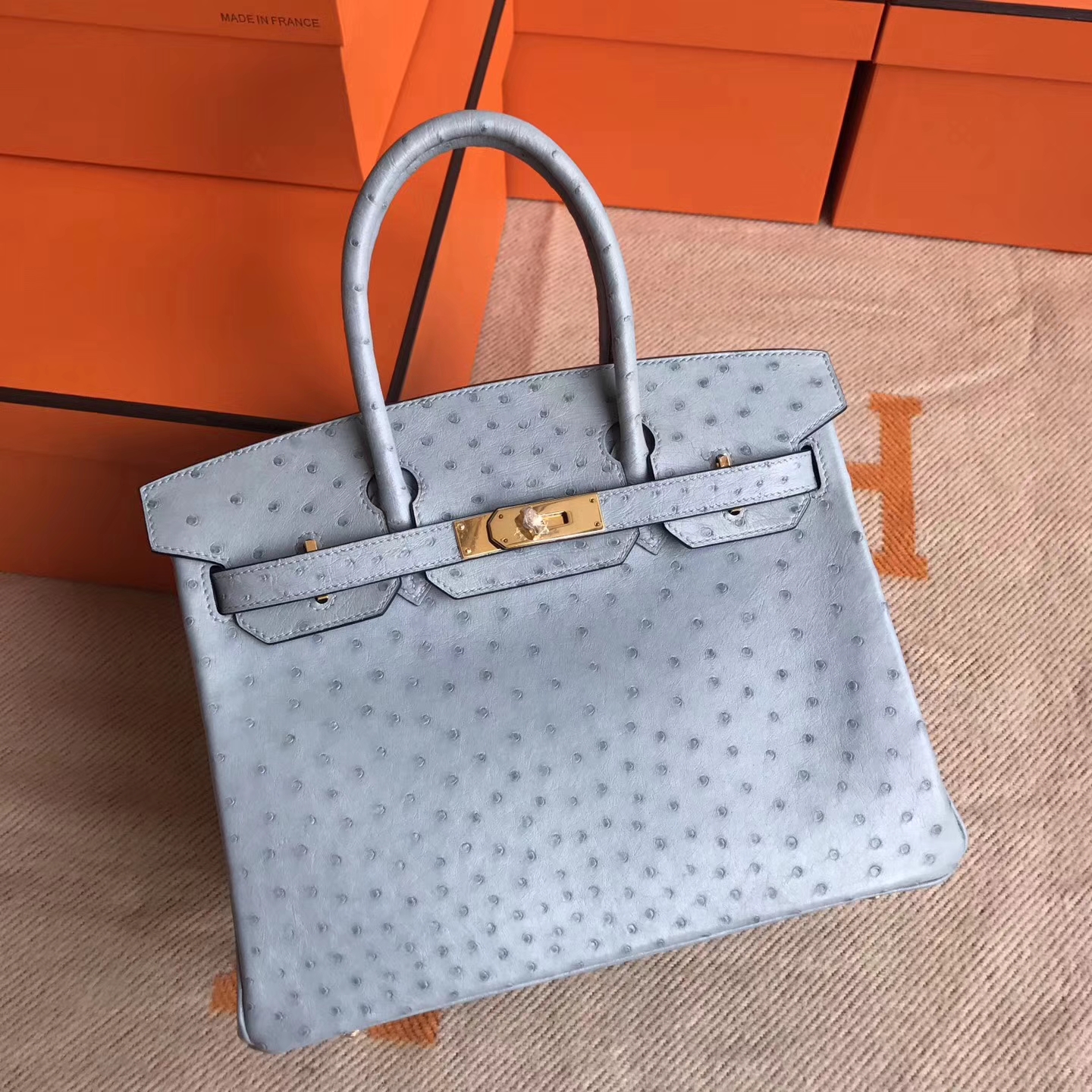 エルメスニューウィメンズバッグエルメスバーキン30cm8UグレイシャーブルーKKオーストリッチレザープラチナバックル