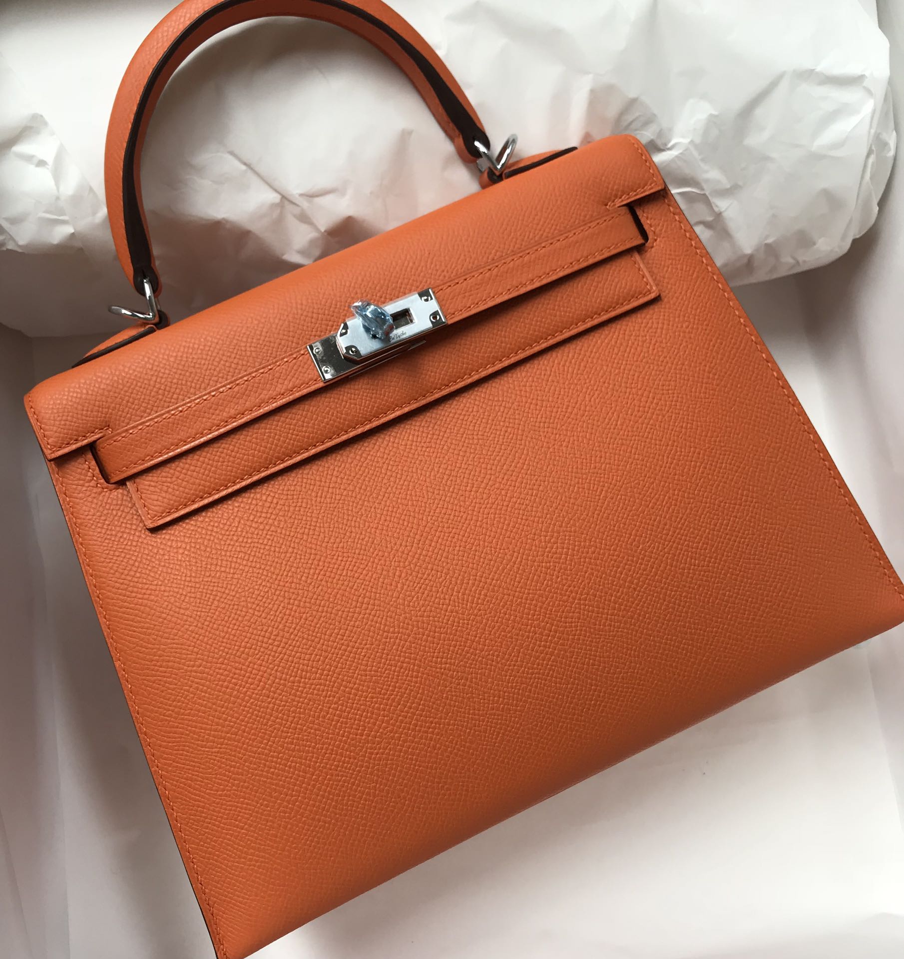 スポットエルメスケリーバッグサイズエルメスオリジナルエプソムレザーKelly25CM93オレンジシルバーバックル