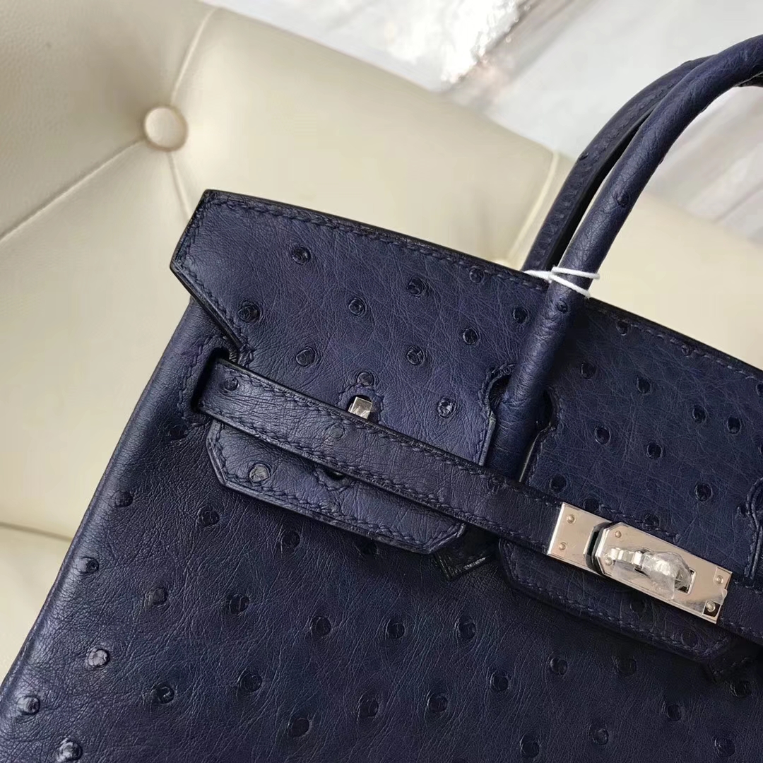 広州白雲皮具城エルメスエルメスCK73サファイアブルーKKオーストリッチレザープラチナバッグBirkin25CMシルバーバックル