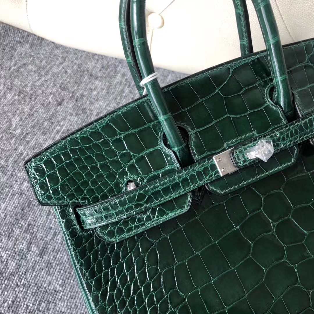 スポットエルメスバッグ公式サイトエルメスシャイニークロコダイルレザーBirkin25プラチナバッグCK67エメラルドシルバーバックル