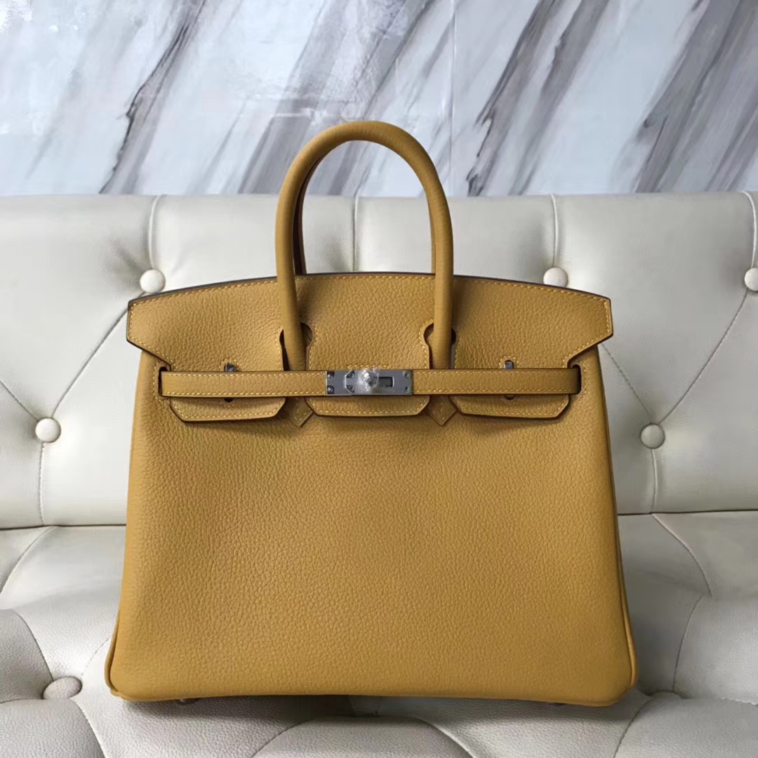 エルメスバーキンバッグエルメスオリジナルロイヤルカーフスキンプラチナバッグBirkin25CM9Dアンバーイエローシルバーバックル