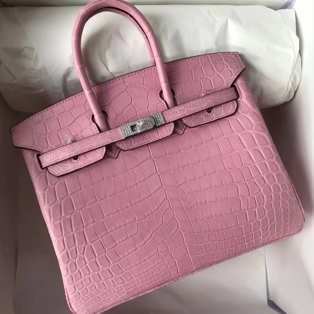 エルメスニュープラチナバッグエルメスバーキン25CM5P桜粉マットクロコダイルレザードリルバックル
