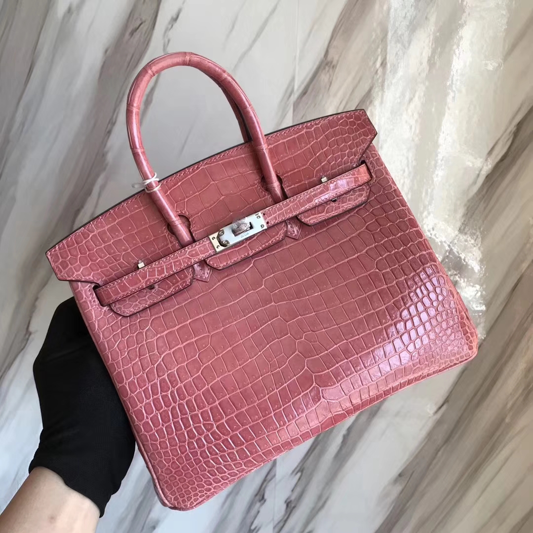 エルメスレディースバッグ卸売エルメスI5フラミンゴピンクシャイニークロコダイルレザープラチナバッグBirkin25CMシルバーバックル