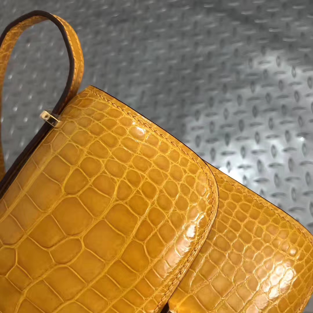 スポットエルメスコンスタンスバッグ18CMエルメスシャイニークロコダイルスキンコンスタンスバッグ9Dアンバーゴールドバックル