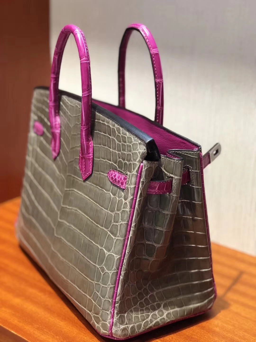 エルメスカラーマッチングプラチナバッグBirkin25CMCK81タートルドーブグレー/J5アラビアンナイトピンクパープルシャイニークロコダイルレザー