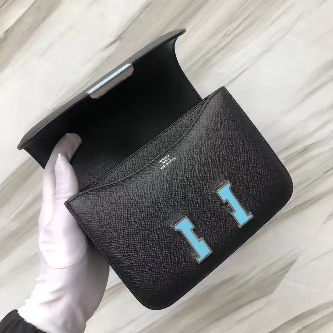 スポットエルメスコンスタンス18CMエルメススチュワーデスバッグCK89ブラックエプソムレザーマカロンエナメルバックル