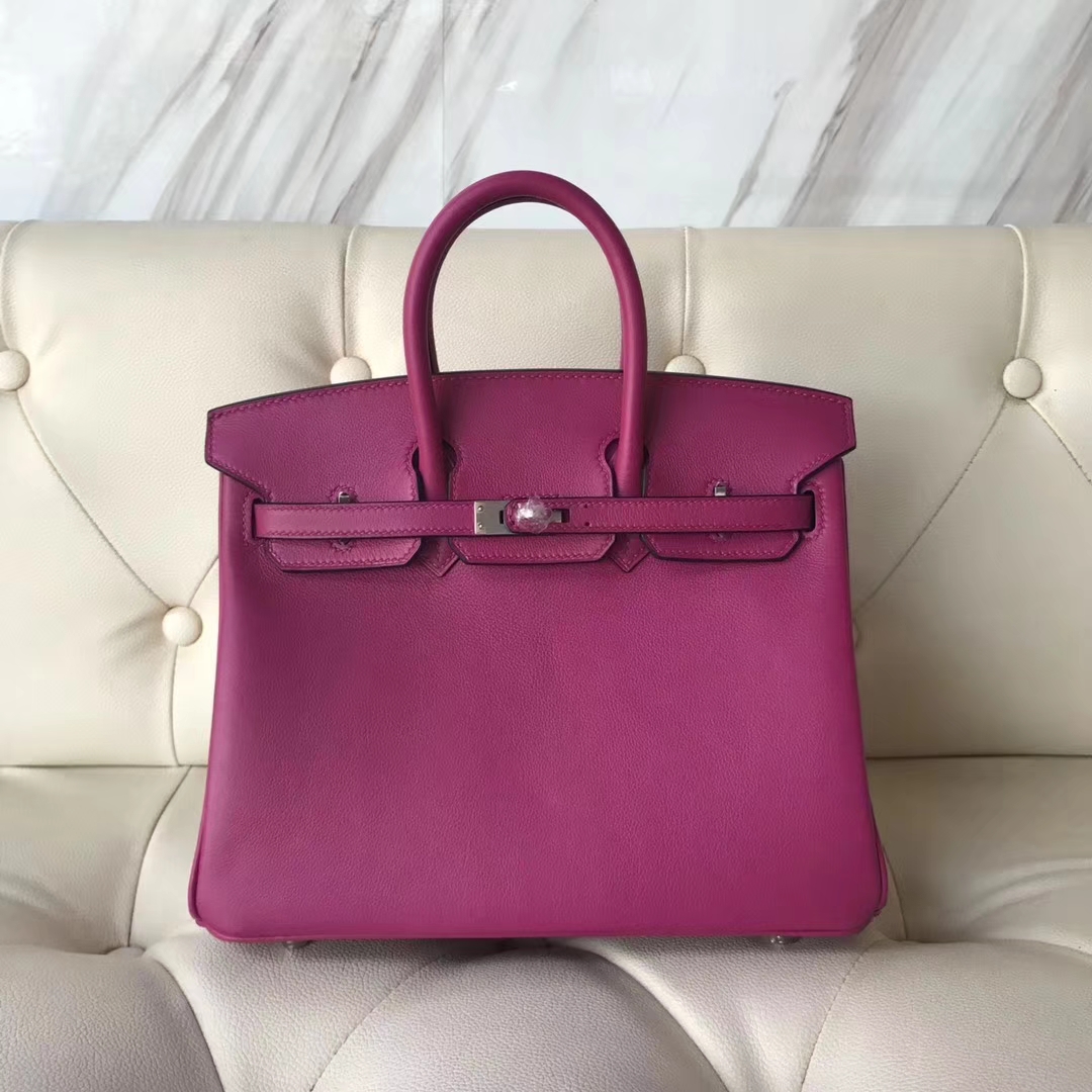 エルメスレディースバッグ卸売エルメスL3ローズパープルオリジナルスウィフトレザーバーキンBirkin25CMシルバーバックル