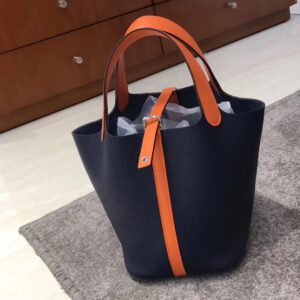 ピコタン展示|エルメスカラーブロックベジタブルバスケットバッグエルメスダークブルーとオレンジクレマンスレザーピコチンバッグシルバーバックル