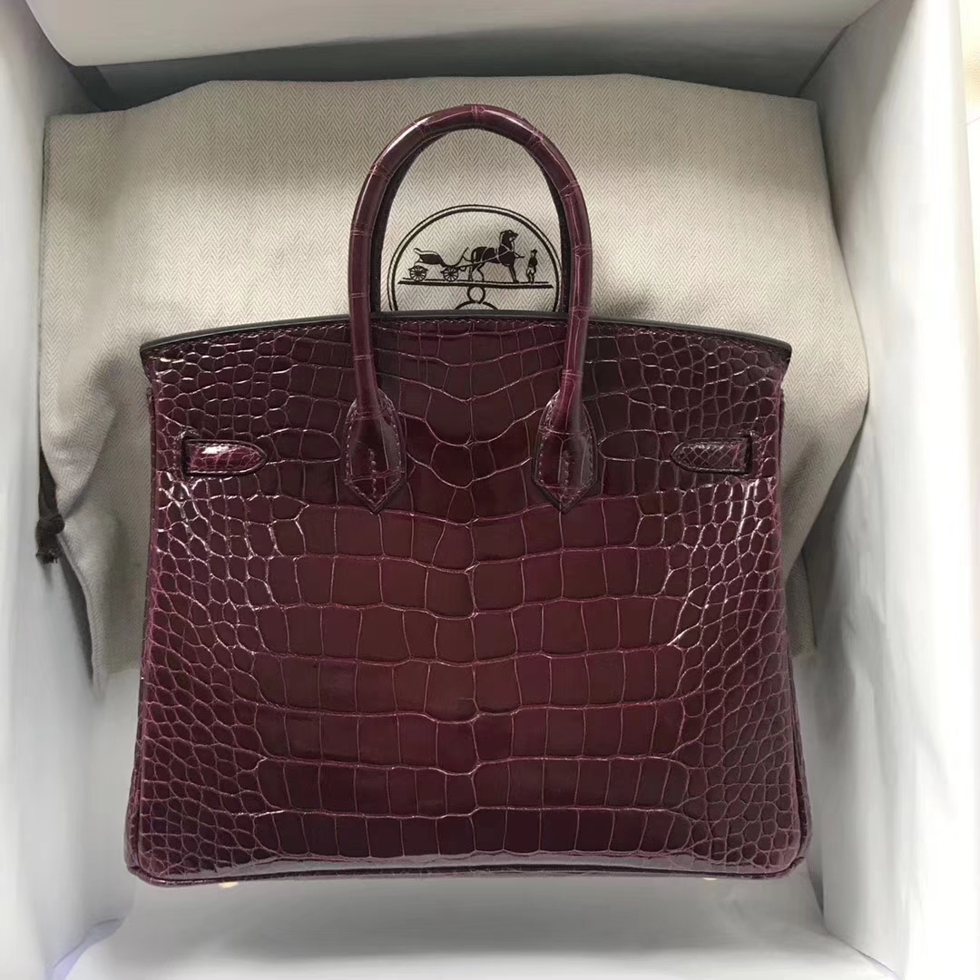 スポットエルメスバッグソースエルメスクロコダイルレザープラチナバッグBirkin25CMCK57ボルドーレッドゴールド/シルバーバックル