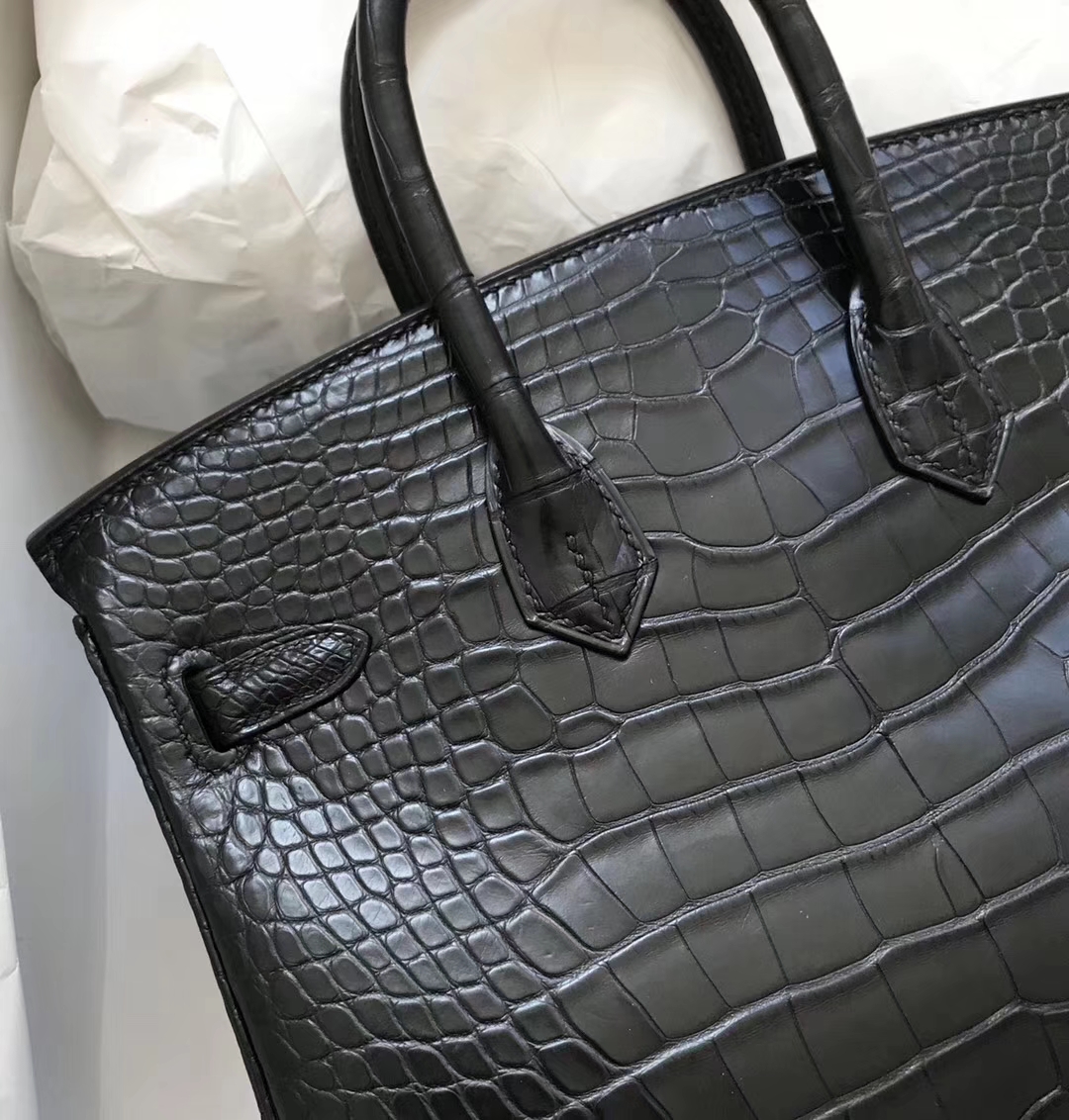 スポットエルメスBirkin25CMエルメスck89ブラックマットクロコダイルレザープラチナバッグシルバーバックル