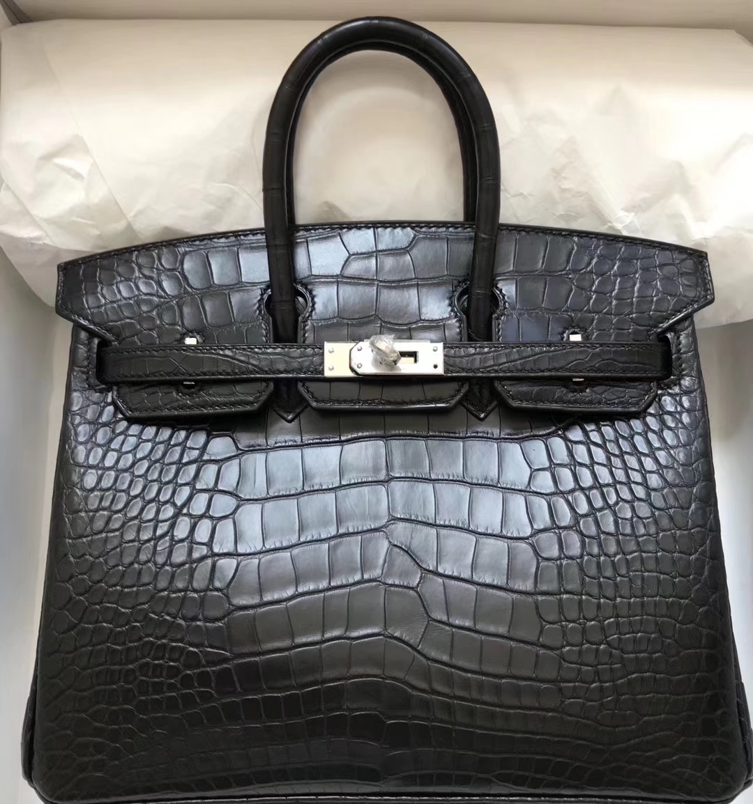 スポットエルメスBirkin25CMエルメスck89ブラックマットクロコダイルレザープラチナバッグシルバーバックル