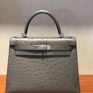 ケリー展示|エルメスケリーバッグムースグレーオリジナルKKオーストリッチレザーKelly28CMシルバーバックル