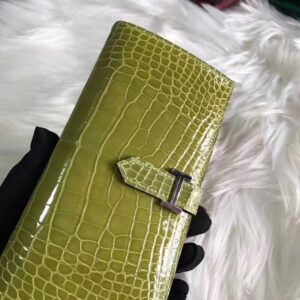 財布・小物展示｜エルメスウォレットエルメスオリーブグリーンシャイニークロコダイルレザーベアンウォレットロングウォレットクラッチシルバーバックル